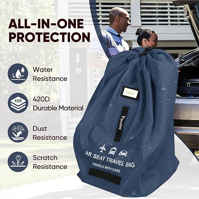 BALEINE Car Seat Travel Bag for Airplane, Water-Resistant Car Seat Bags for Air Travel, Foldable Cover with 3 Handles, Fits Toddler Carseat, Convertible and Booster Seats(Blue)