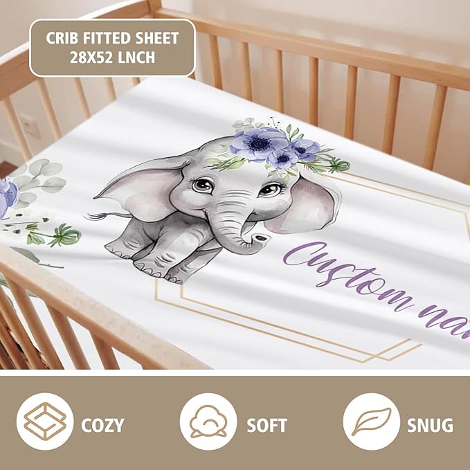 Personalized Crib Bedding Set for Boys Girls, Custom Baby Crib Sets with Name, Purple Flower Elephant Design Nursery Bedding 2 Piece - Soft Blanket with Double Layer Dotted Backing, Crib Fitted Sheet