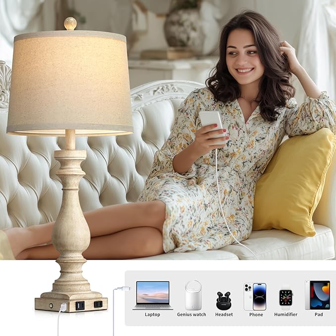 luxeflow 29" Tall Vintage Table Lamps Set of 2,Farmhouse Bedside Lamps with USB C+A Ports & AC Outlet,3-Way Dimmable Touch Lamp for Night Stands Living Room Bedroom,Beige