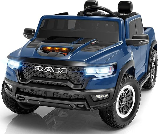 ENYOPRO 24V Ride on Toys for Kids 4-8, Licensed RAM 1500 RHO 2 Seater Kids Ride on Car w/Parent Remote, Power Pedal & Shock-Absorbing Wheels, Truck Bed Storage, Music, LED Lights (Blue - High Door)