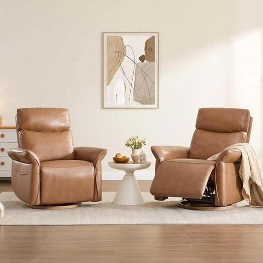 CHITA Genuine Leather Power Recliner Chair, Electric Triple-Motor Swivel Glider Nursery Rocking Chair with Adjustable Power Headrest and Lumbar Support, Solid Wood Base, Saddle Brown