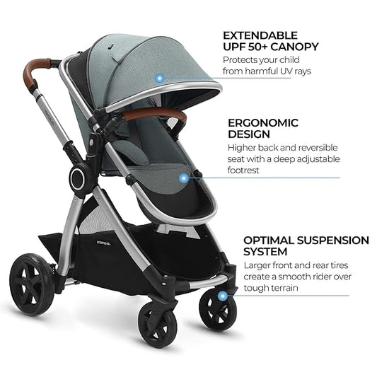 Mompush Ultimate2 Baby Stroller, Premium Convertible Full-Size Stroller for Toddler, Reversible Seat with One Hand Recline Adjustment, Car Seat Adapter Included