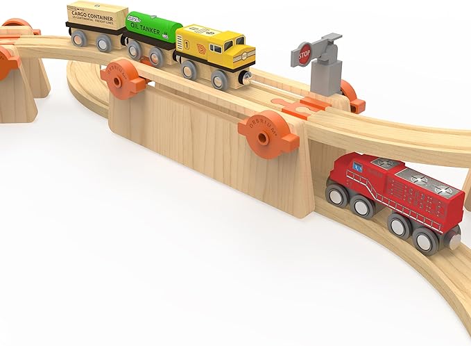 ORBRIUM Wooden Train Tracks Construction Mega Bundle – 273 Pc Elevated Building Toy with Bridges, Crane, Station, Tunnel & Gate – STEM Montessori Toys Fits Thomas, Brio & More