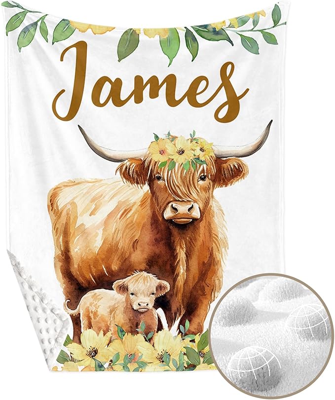 Personalized Crib Bedding Set for Girls, Custom Baby Crib Sets with Name, Yellow Flower Highland Cow Design Nursery Bedding 2 Piece - Soft Blanket with Double Layer Dotted Backing, Crib Fitted Sheet