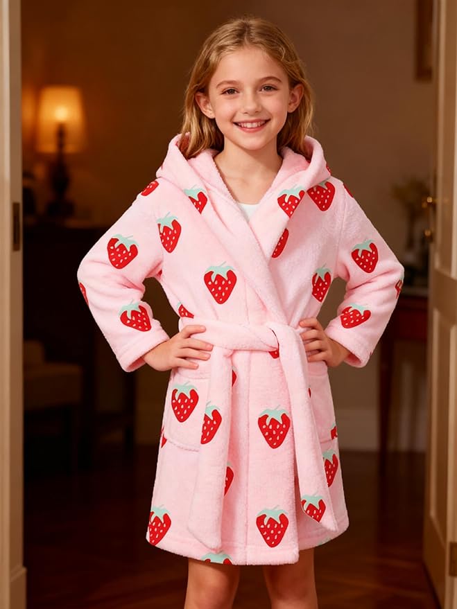 SANGTREE Boys Girls Robe Fleece Hooded Soft Toddler Bathrobe Cute Boys Bathrobe Fuzzy Plush Robes for Kids, 2-12 Years