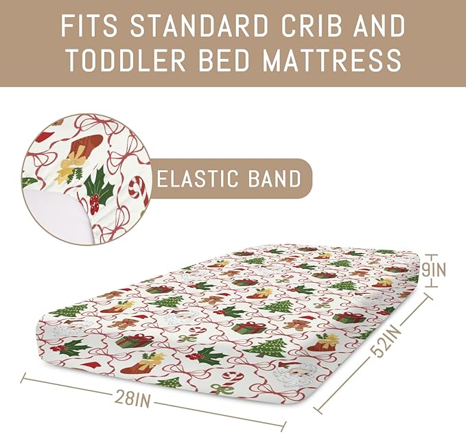 Santa Christmas Bows Baby Crib Sheets for Boy Girl Retro Christmas Trees Stockings Fir Gifts Soft Snug Fitted Crib Mattress Covers for 52x28 Standard Crib & Toddler Mattress Winter Baby Sheets