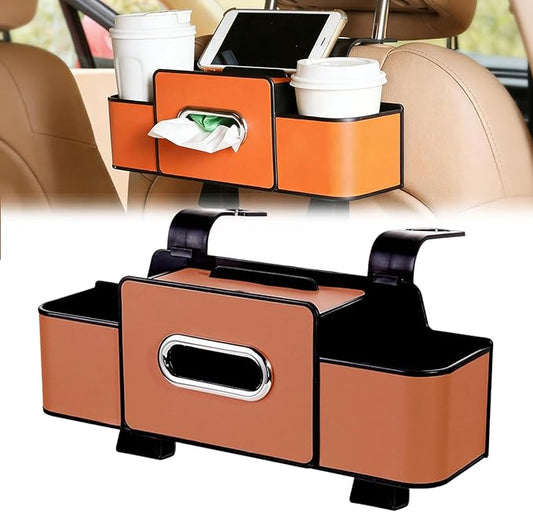 Car Organizer With Tissue Holder, Car Organizer & Storage Box, 5-in-1 Car Organizer Back of Seat, 2 Deep Cup Holders, Tissue Box Holder, Phone & Bag Hooks Zoning Storage (Brown-A)