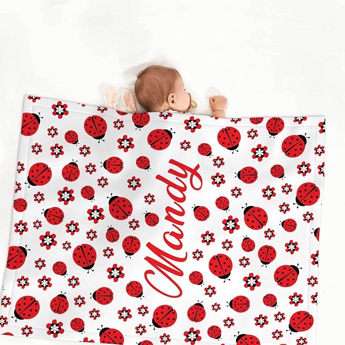 Custom Ladybug Nursery Bedding Set – Personalized Name 3-Piece Crib Set for Baby Girls, Soft Blanket, Fitted Sheet & Pillowcase – Shower Gift for Baby & Nursery Decor