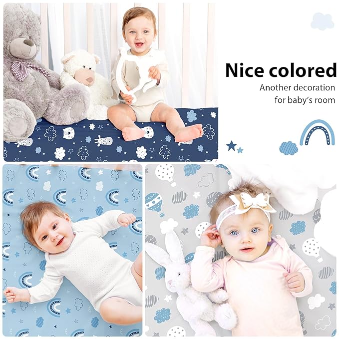 Baby Crib Sheets for Boys and Girls, 3 Pack Toddler Bed Sheets for 52”x28” Standard Toddler Mattresses, Soft Microfiber Fitted Crib Sheets Neutral Blue Cloud Animals