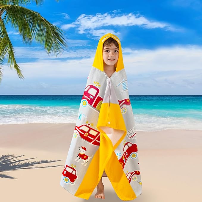 VOOVA & MOVAS Kids Bath Towels for Boys, Ages 3-8, 30''X50, | Soft Thick Absorbent Cotton, Beach | Pool | Bath Hooded Towels, Yellow Fire Truck