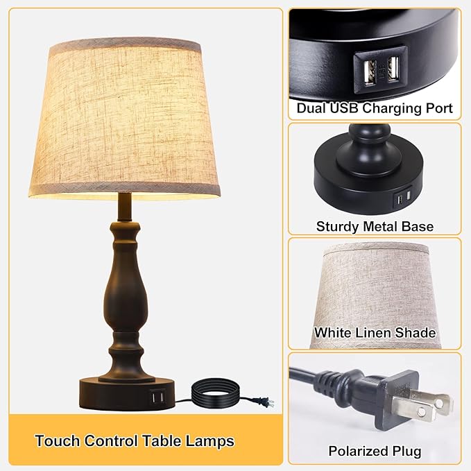 EJIAXIN Table Lamps Set of 2, Bedside Nightstand Lamps with USB Charging Ports,Dimmable Touch with Linen Fabric Lampshade, Modern Small Lamp for Bedrooms, Living Room (Bulbs Included)