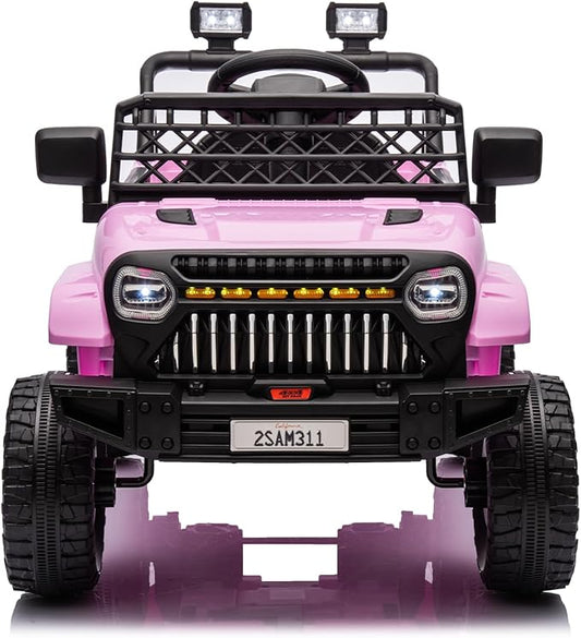 12V Ride On Car for Kids Electric Vehicle Toddlers Battery Powered Truck Car Toy with Remote Control, 4-Wheel Suspension, Battery Display, LED Lights, Music, for Boys Girls, Pink