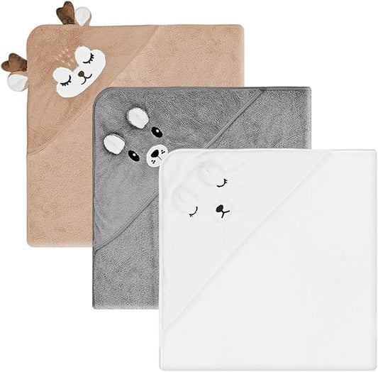 Baby Bath & Hooded Towels, 3pcs 31x31inch Cartoon Soft Hooded Bath Towels for Babies, Absorbent Baby Towel with Hood for Shower, Beach and Swimming