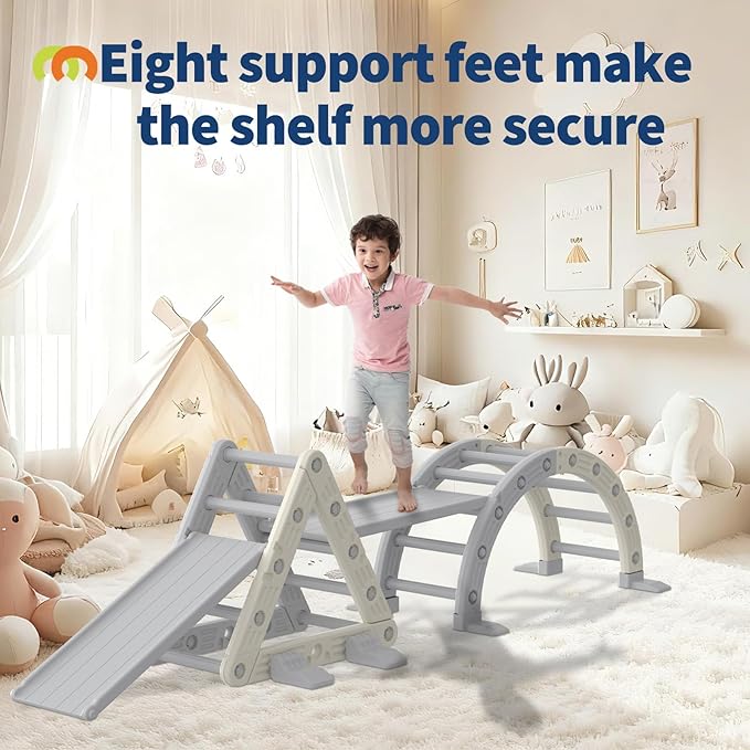 9-in-1 Pikler Triangle Set, HDPE PP Plastic Durable 1-8 Toddler Climbing Toys Indoor with Arch, Ramp, Ladder & Slide, Indoor Montessori Toddler Playground Jungle Gym Playset for Toddlers, White