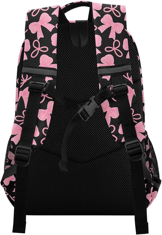 MNSRUU Laptop Backpack with Chest Strap, Pink Bow School Backpack, Travel Hiking Bag for Boys Girls Teen College Adult, Rucksack Knapsack