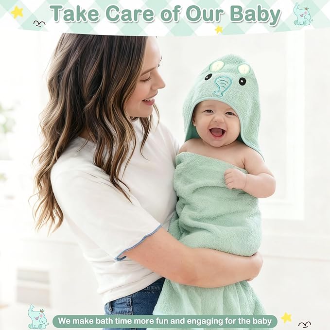 4 PCS Baby Towel Set, Hooded Bath Towel for Infants, Toddlers and Kids, Soft Animal Baby Bath Towels & 3 PCS Washcloths, 32x32 in Hooded Baby Bath Towel for Boy and Girl (Green Elephant)