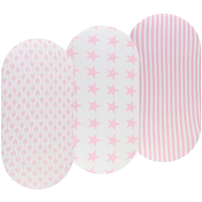 Onacosht Pink Bassinet Fitted Sheets 3 Pack for Baby Girl, Stretchy Soft Knitted Baby Sheet Set Universal for Oval Rectangle and Hourglass Bassinet Mattress, Arrow Star Stripe Printing