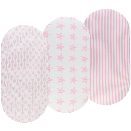 Onacosht Pink Bassinet Fitted Sheets 3 Pack for Baby Girl, Stretchy Soft Knitted Baby Sheet Set Universal for Oval Rectangle and Hourglass Bassinet Mattress, Arrow Star Stripe Printing