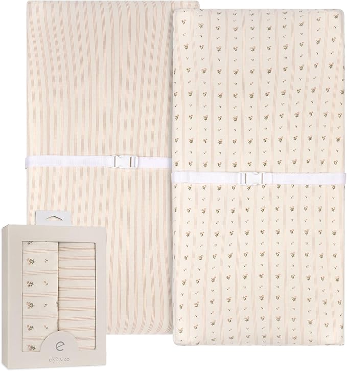 Ely’s & Co. Changing Pad Cover | Cradle Sheets, 2 Pack Diaper Changing Table Sheets for Baby Girls, 100% Jersey Knit Cotton, 32”x16”x5” Pink Linear Floral Collection