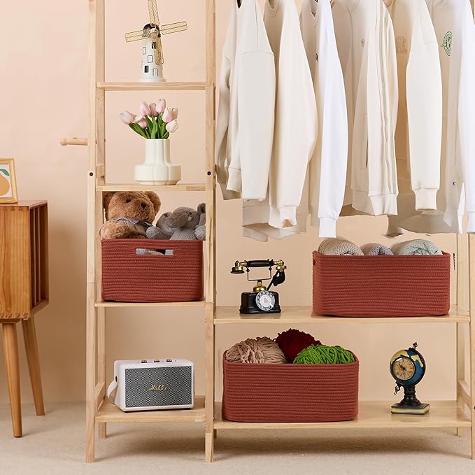 MiniArk Large Storage Baskets for Shelves, Closet Organizers Bins for Clothes Blanket Towels, Baby Nursery, Toy Baskets Box, Woven Rope Baskets, 17 x 13 x 7.5”, 2 Packs Oxide Red