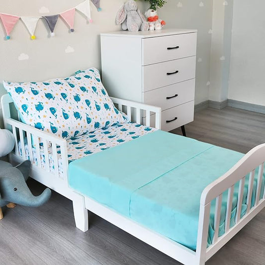 Biloban 3-Piece Toddler Sheet Set Microfiber, Toddler Bedding Set Includes Crib Mattress Sheet, Flat Sheet and Envelope Pillowcase, Silky Soft, Breathable and Lightweight, Whale