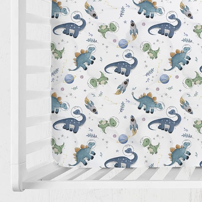Watercolor Space Dinosaurs Baby Crib Sheet 52''x28'' Cute Dinosaur Rockets Planet Stars Leaves Snug Fitted Crib Mattress Cover for Boy Girl Soft Baby Bed Sheet for Standard Crib and Toddler Mattress