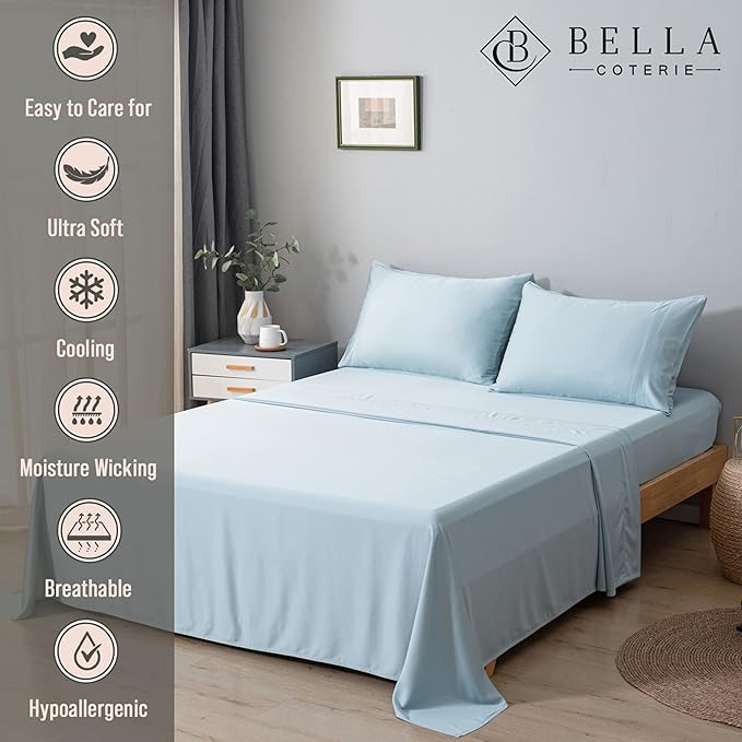 Bella Coterie Luxury Bamboo Viscose Queen Size Flat Sheet | 100% Organically Grown | Ultra Soft | Cooling for Hot Sleepers [Coastal Blue]