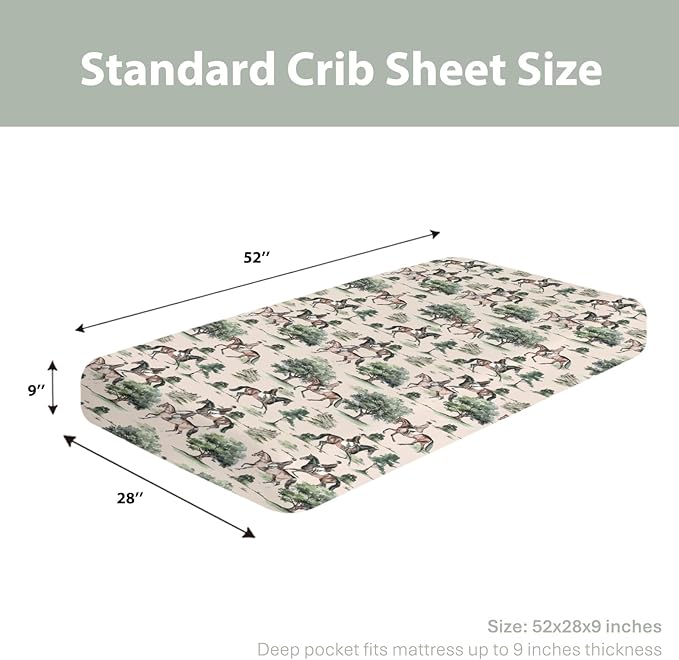 Watercolor Horses Trees Baby Crib Sheets for Boy Girl 52"x28" Vintage Horse Riding Soft Stretchy Fitted Crib Mattress Cover Wild West Animal Baby Sheet for Standard Crib and Toddler Bed Mattress