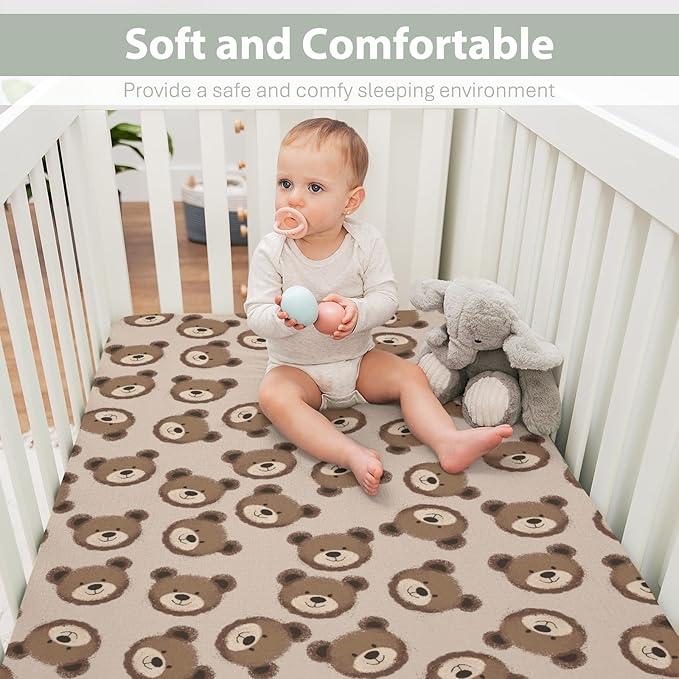 Neutral Boho Bears Baby Crib Sheets for Boy Girl 52x28Inch Cute Brown Bear Soft Snug Fitted Crib Mattress Covers Watercolor Bears Nursery Baby Sheet for Crib and Toddler Bed Mattresses