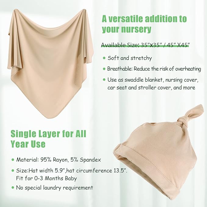 iEvolve Cotton Knitted Baby Swaddle Blanket with Hat Headband Set Newborn Swaddle Wrap Receiving Blankets for Baby Girl Boy 45" x 45"(Beige)
