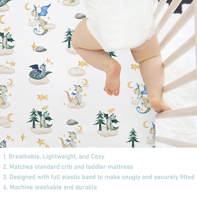 Cartoon Fairy Tale Dragon Moon Stars Clouds Trees Baby Crib Sheets 52''x28'' Watercolor Dragons Stretchy Fitted Crib Mattress Cover for Boy Girl Soft Bed Sheet for Standard Crib Toddler Mattress