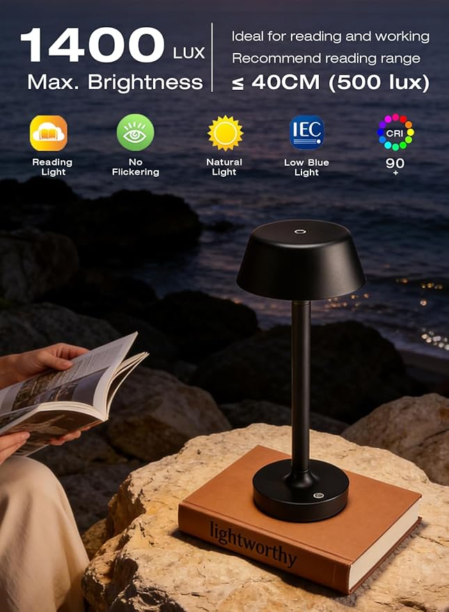 Light Worthy Cordless Rechargeable Table Lamp with Power Charger,Portable LED Desk Lamp,5000mAh Battery Operated,2700K-5700K Tunable,Stepless Dimming for Bedroom Bedside Outdoor Camping Light,Black