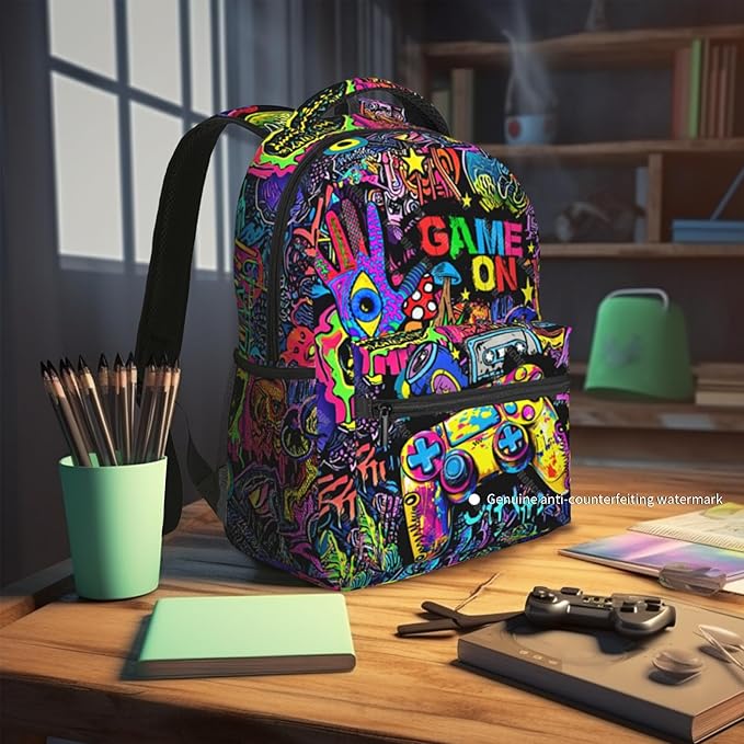 Nebcog School Backpack for Boys Gamer Boys Backpack for Kids Children Elementary Middle School Video Game Bookbag Backpacks for 6-18 Waterproof Lightweight 17 Inches Travel Back Pack