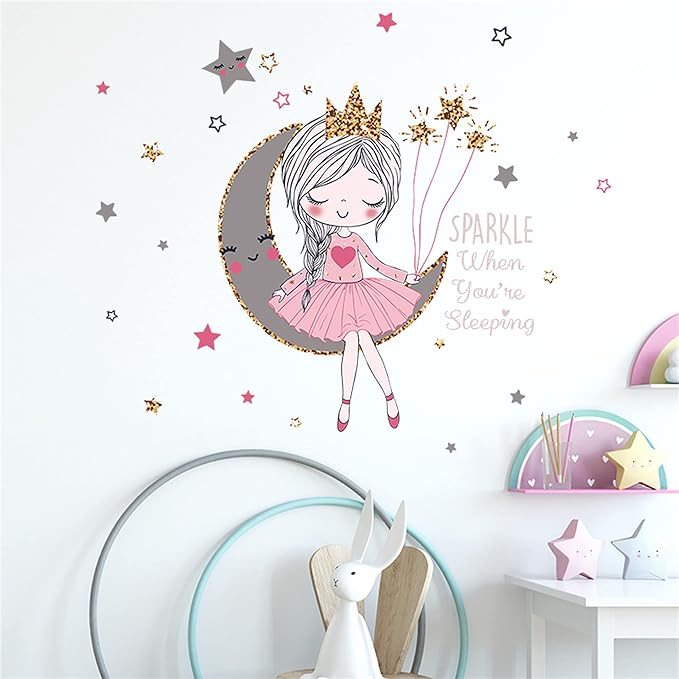 ROFARSO Colorful Cute Lovely Wall Stickers for Kids Peel and Stick Removable Wall Decals DIY Decorations Decor for Nursery Baby Girls Bedroom Playroom Living Room (Girl Sitting On The Moon)