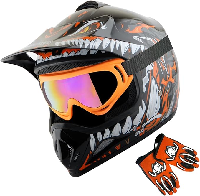 WOW Youth Kids Motocross BMX MX ATV Dirt Bike Dianosour Helmet Dragon + Goggles + Martian Youth Glove Bundle: HJOY MG Bundle