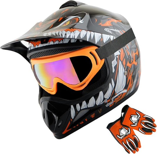 WOW Youth Kids Motocross BMX MX ATV Dirt Bike Dianosour Helmet Dragon + Goggles + Martian Youth Glove Bundle: HJOY MG Bundle