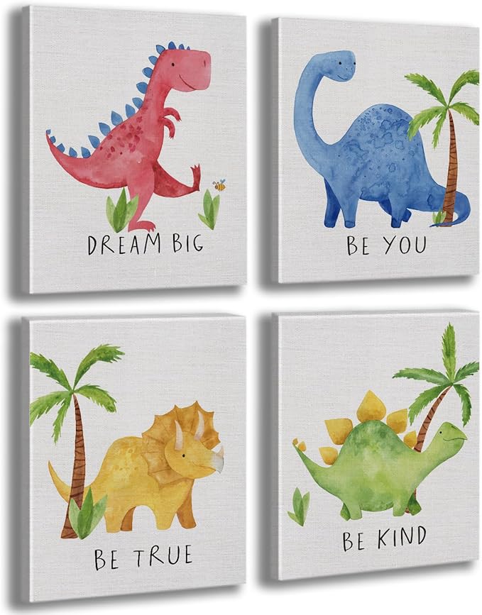Cute Watercolor Dinosaur Prints Inspirational Motivational Quotes Canvas Wall Art Nursery Decor Wall Decor Funny Poster Artwork for Kids Room Classroom Bedroom Decorations,4PCS,Framed,8x10IN