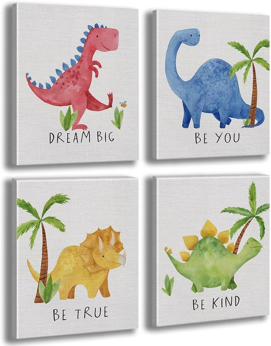 Cute Watercolor Dinosaur Prints Inspirational Motivational Quotes Canvas Wall Art Nursery Decor Wall Decor Funny Poster Artwork for Kids Room Classroom Bedroom Decorations,4PCS,Framed,8x10IN