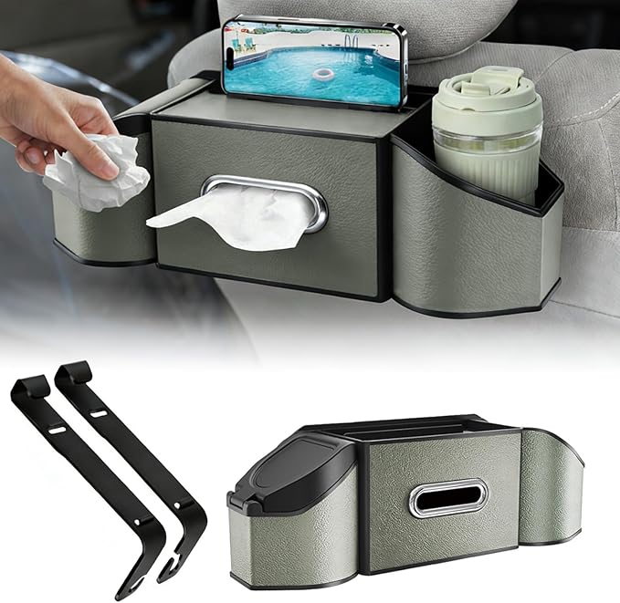 Oivjckx 7-In-1 Multifunctional Car Seat Back Organizer with Cup Holders, Tissue Box, Garbage Can & Hooks, Headrest Storage & Cup Holder for Backseat (Grey)