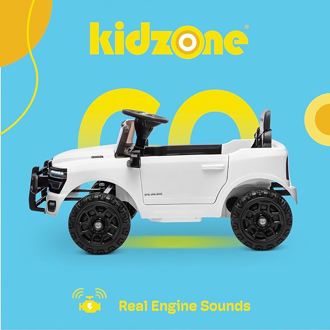 Kidzone 12V Licensed RAM 3500 Ride-On Truck for Kids, Battery Powered Electric Car w/Parent Remote Control & Manual Drive, Bluetooth, LED Lights - White