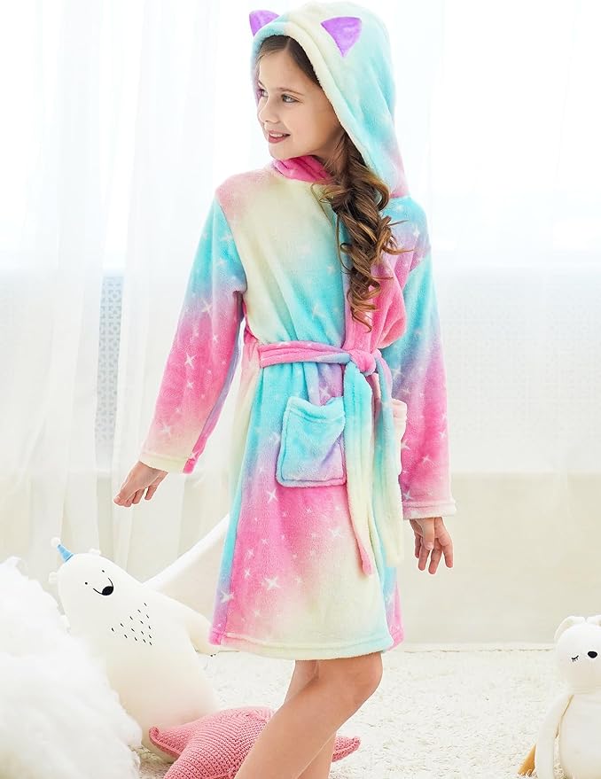 Doctor Unicorn Girls Leopard Cat Robe Kids Fleece Warm Hooded Bathrobe