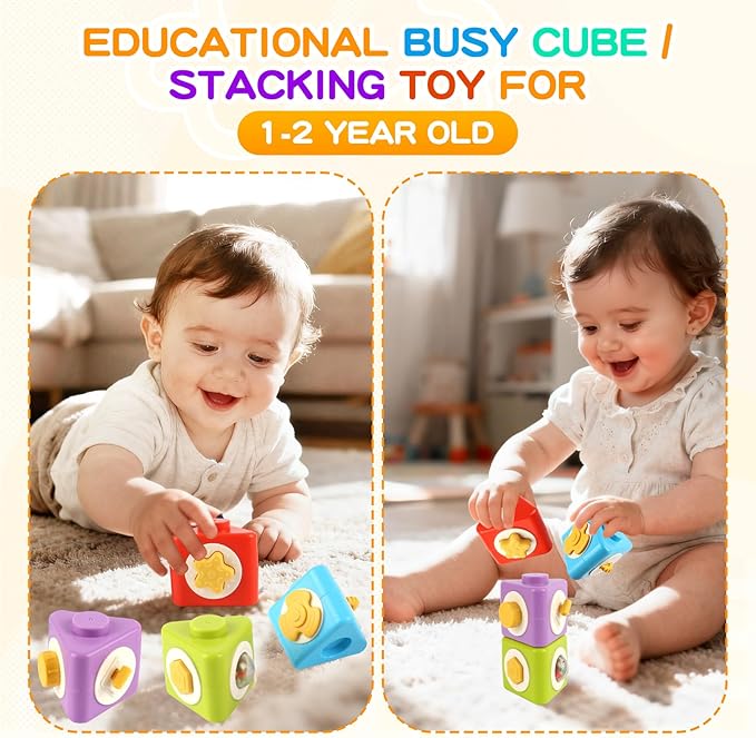 Montessori Busy Board for 1 Year Old, Toddler Travel Toys for Airplane & Car, Educational Activity Cube Stacking Toys for Toddler 1-2,Stocking Stuffers & Gifts for Toddlers Christmas