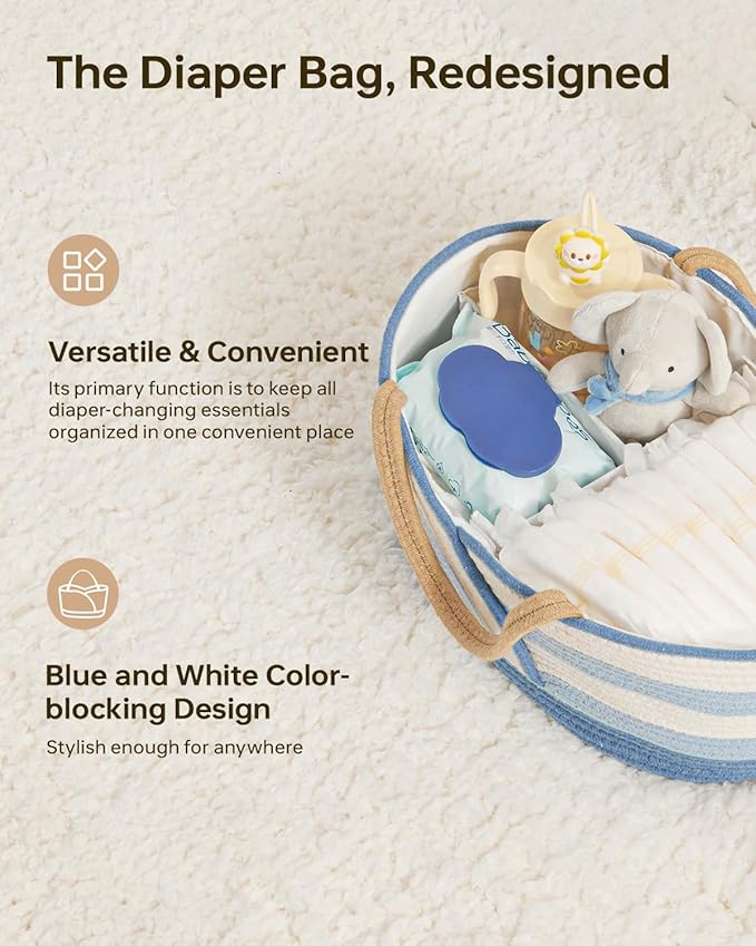 Babygreat Baby Diaper Caddy Organizer - Portable Cotton Rope Diaper Caddy Basket for Nursery, Gift for Baby Shower List, Storage for Diapers, Wipes, Toys & Newborn Essentials (Blue/White)