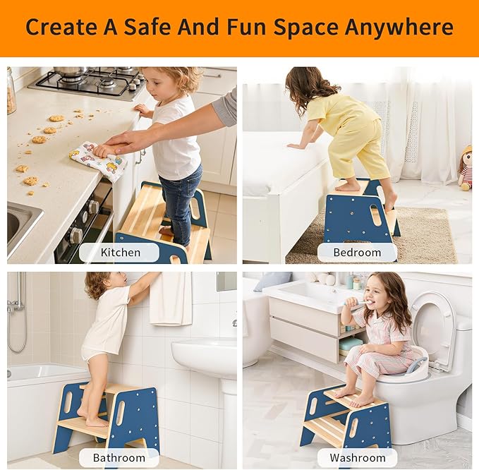 Wingyz Toddler Step Stool,Height-Adjustable Wooden Step stools for Kids with Handles,2 Stepstool for Toddlers,Bathroom Sink, Kitchen, Bedroom,Potty Training