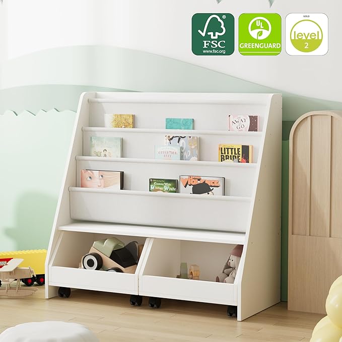 HedoAjim Kids Bookshelf with Two Movable Drawers Toddler Bookcase with Toy Storage Organizer Child Sling Book Rack Baby Cabinet Chest with Wheels for Nursery,Playroom,Bedroom,Living Room,Classroom