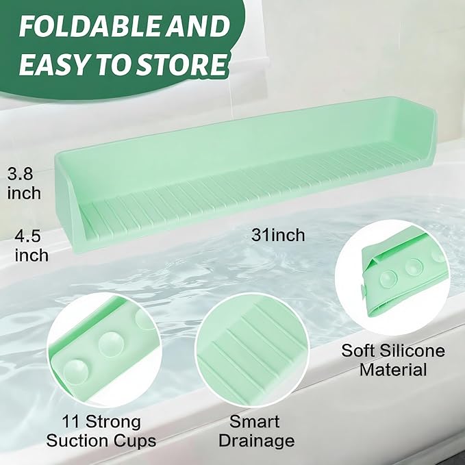 31-Ft Tub Kids Toy Tray Silicone Bathtub Splash Guard with 11 Suction Cups Holder,Soft Silicone Splash Guard for Easy Clean & Fold, Universal for Tub, Bathroom Sink, Kitchen Sink（Green）