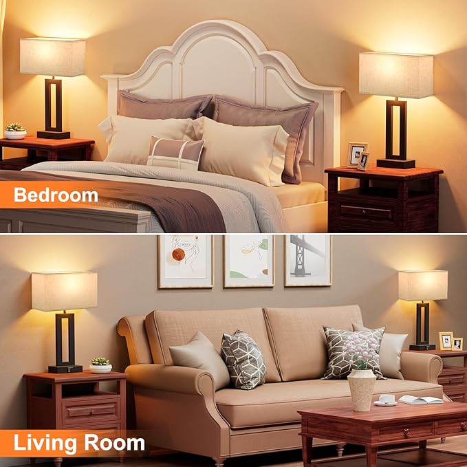 Nightstand Table Lamps for Bedrooms Set of 2 - Touch Bedside Lamp with USB C+A, 3 Way Dimmable Living Room Lamps for End Tables Set of 2, Modern Night Stand Lamps for Bed Side Guest Room(Cream)