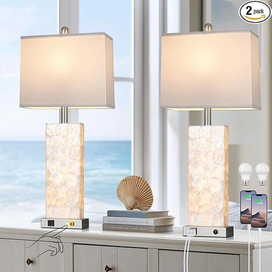 luxeflow 28" Coastal Table Lamps for Living Room Set of 2, Bedside Lamps with Night Light, USB A+C Ports, Modern Sea Shell Bedside Night Stands Light for Beachy Cottage Decor (Silver)