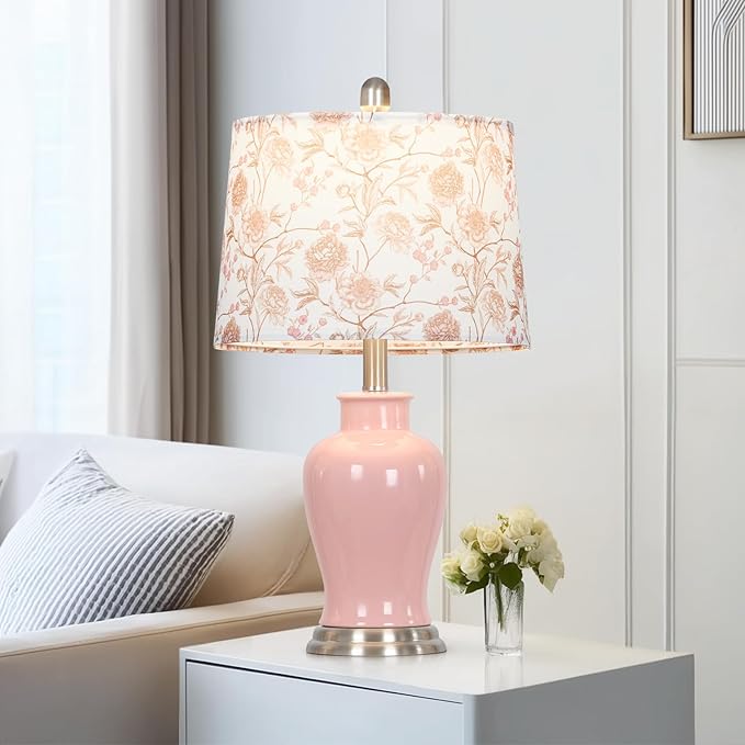 luxeflow Pink Ceramic Table Lamp with Flower Lampshade, 23" Cute Ceramic Bedside Lamp with Ginger Jar Design, Modern Living Room Lamps Set 2, Elegant Bedroom Lamps for Nightstand Desk Side Home Decor