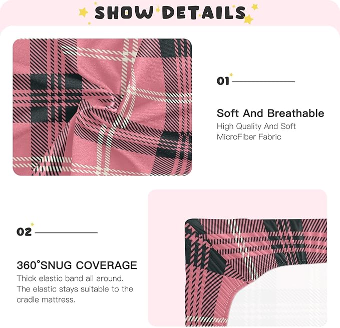 Baby Crib Sheets Fitted Crib Sheet Standard Crib and Toddler Mattress for Boys Girls 39 * 27in Pink Starfish Shell Pattern (Pink and Black Plaid 33, Small)